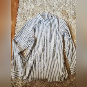 READ Borrelli Napoli Shirt 17 White Blue Green Stripes Spread Collar Long Sleeve